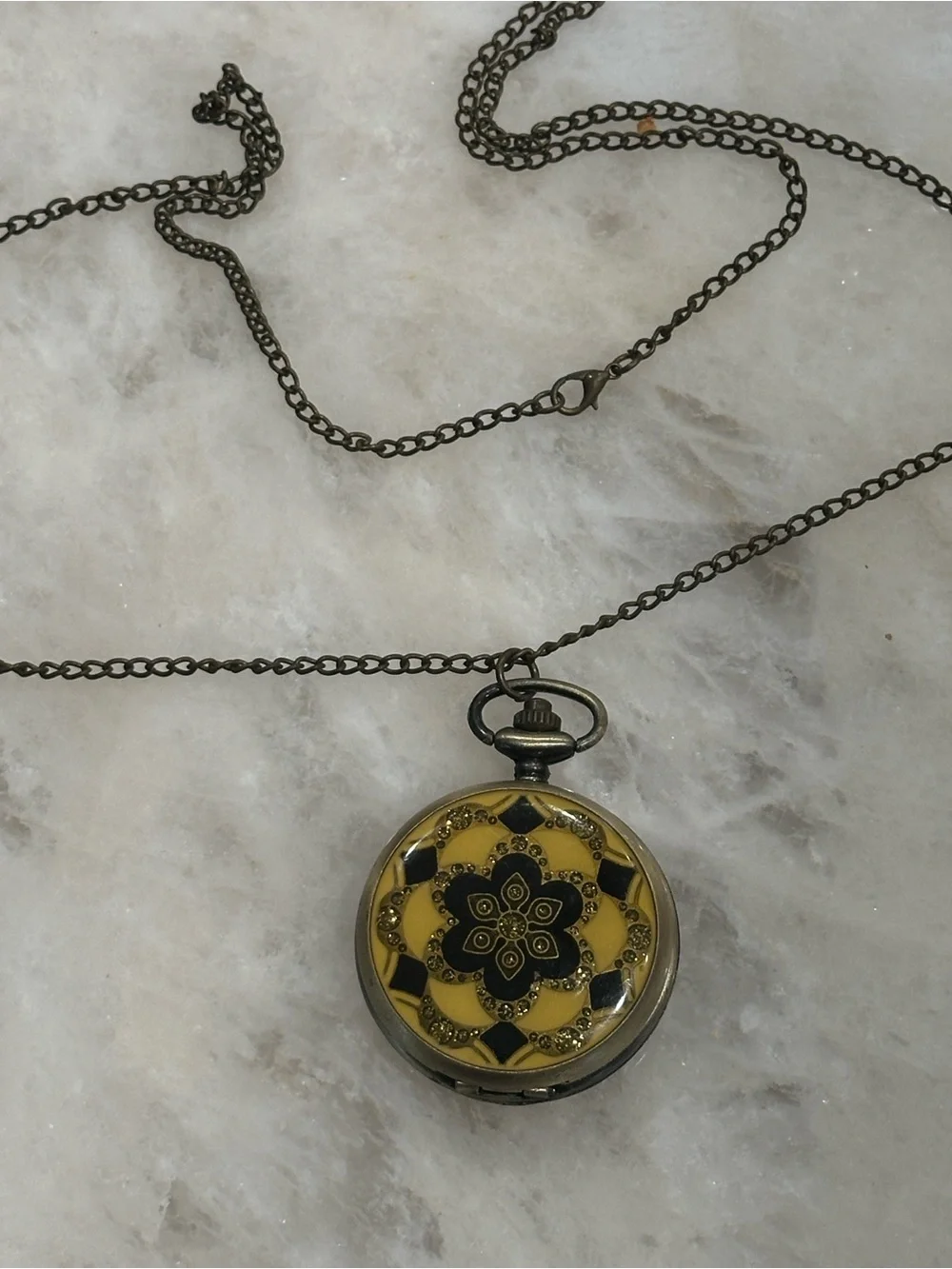 Yellow and Black Floral Pocket Watch Pendant